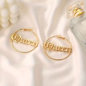 18k Gold Plated Hoop Earrings with 'Queen' Design